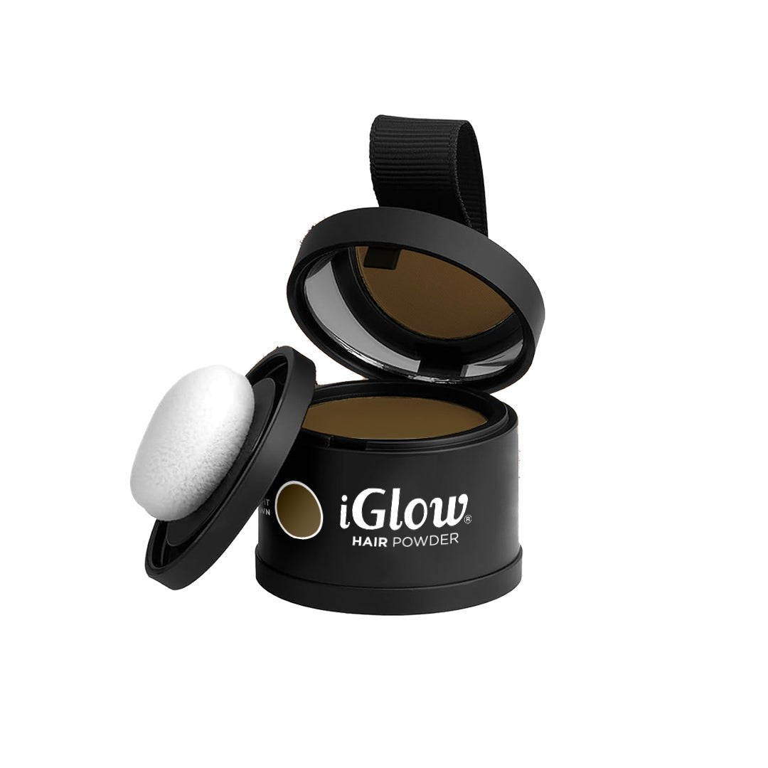 iGlow Hair Powder – Light Brown compact and applicator